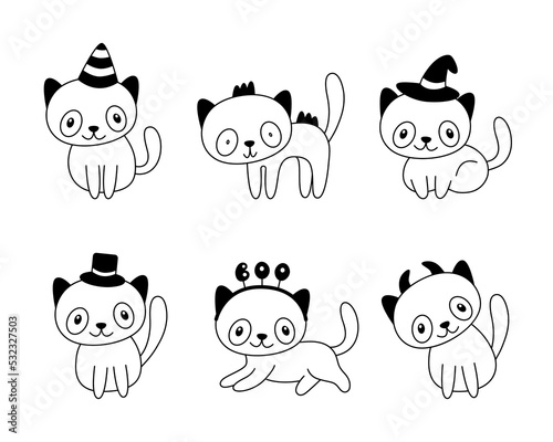 Vector set of doodle festive cute cats.Collection of childish happy cartoon kittens for halloween design,paper goods,cards,invitation.Outline.Sketch.Isolated on white background.