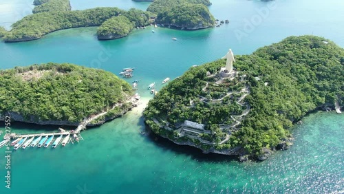 4k Aerial Drone shot of statue of Jesus Christ in pangasinan alaminos hundred islands philippines  photo