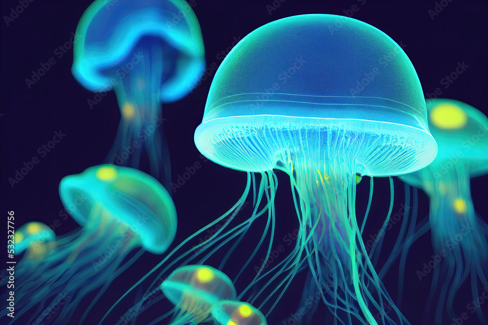 Bioluminescent jellyfish in the deep sea - obrazy, fototapety, plakaty 