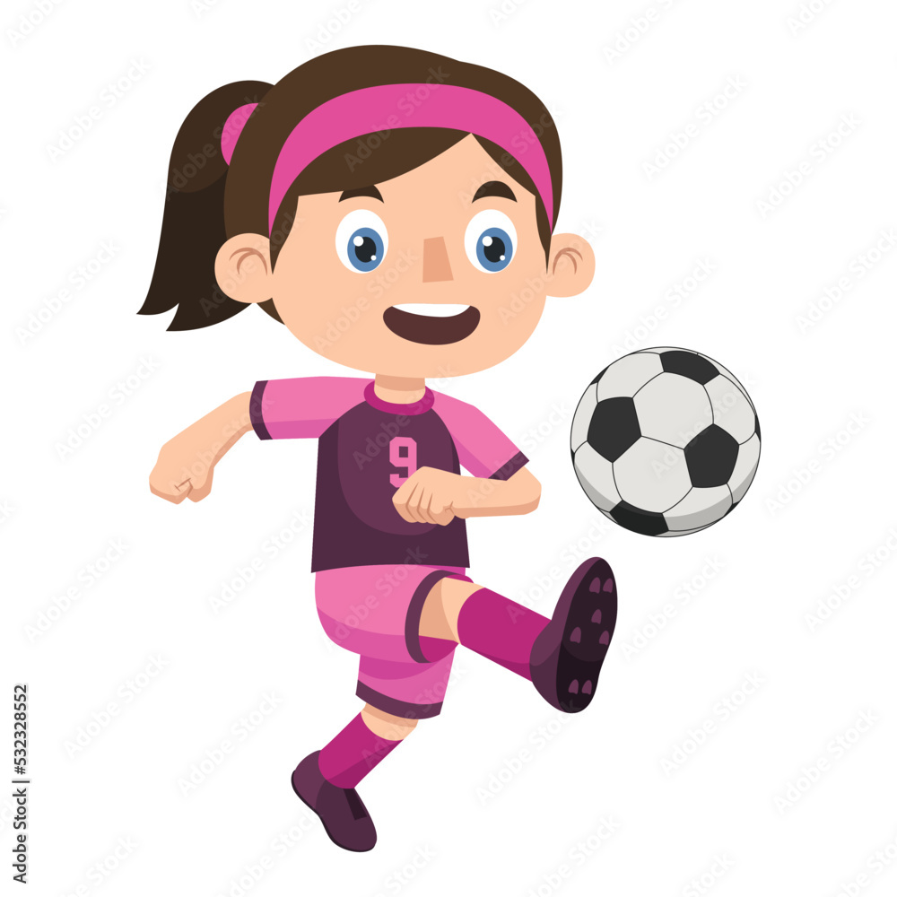 A Girl Wearing Her Jersey is Kicking a Ball During a Soccer Game. Kids Activities.