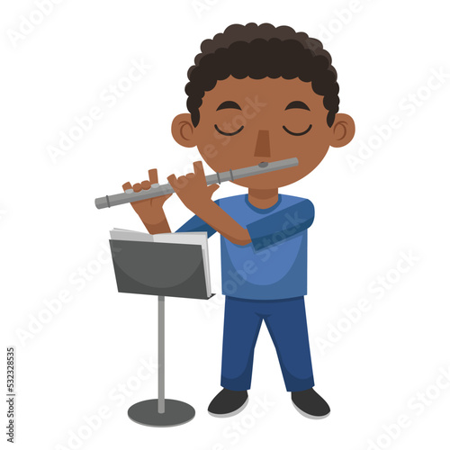 A Boy is Playing The Flute While Looking at The Notes on The Score Stand in Front of Him. Kids Activities.