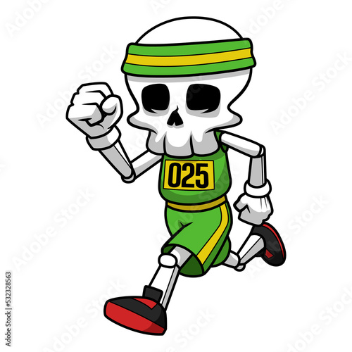 Skull Runner Wearing Headband And Costume Are Running In a Marathon. Skull Cartoon.
