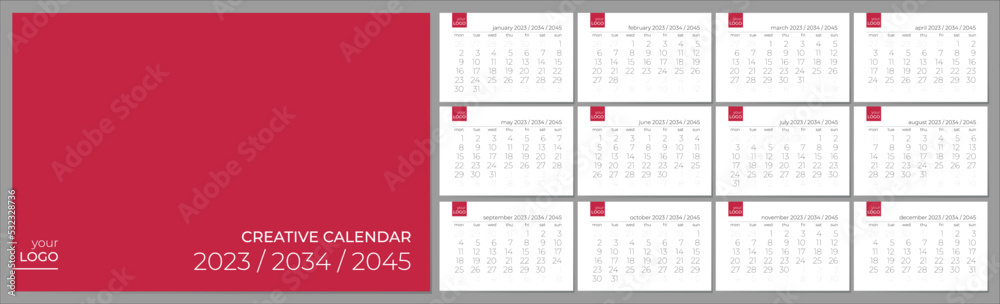 Wall creative calendar 2023 2034 2045 years. Editable vector template. Elegant grid. Week start on monday.