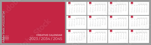 Wall creative calendar 2023 2034 2045 years. Editable vector template. Elegant grid. Week start on monday. (ID: 532328736)