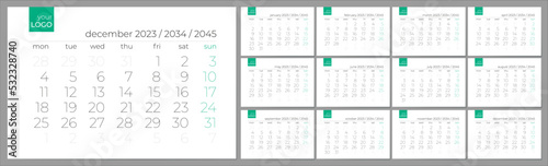 Wall creative calendar 2023 2034 2045 years. Editable vector template. Elegant grid. Week start on monday. photo