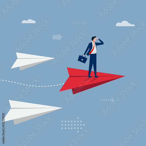 Businessman standing on the paper plane. Business concept design. Vector flat illustration