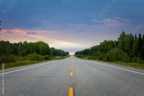 long empty road surrounded by trees and a dramatic sky