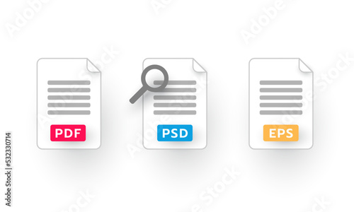 Set of pdf, psd, eps with magnify glass, File type icons, Text document, Worksheet, Business icon © SmoothGoodies