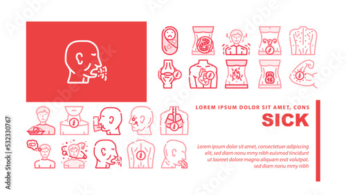 Sick Health Problem And Allergy landing web page header vector. Children Pain And Backache Sick, Burning In Stomach And Feeling Of Heaviness, Sore Throat And Disorientation Disease Color Illustrations