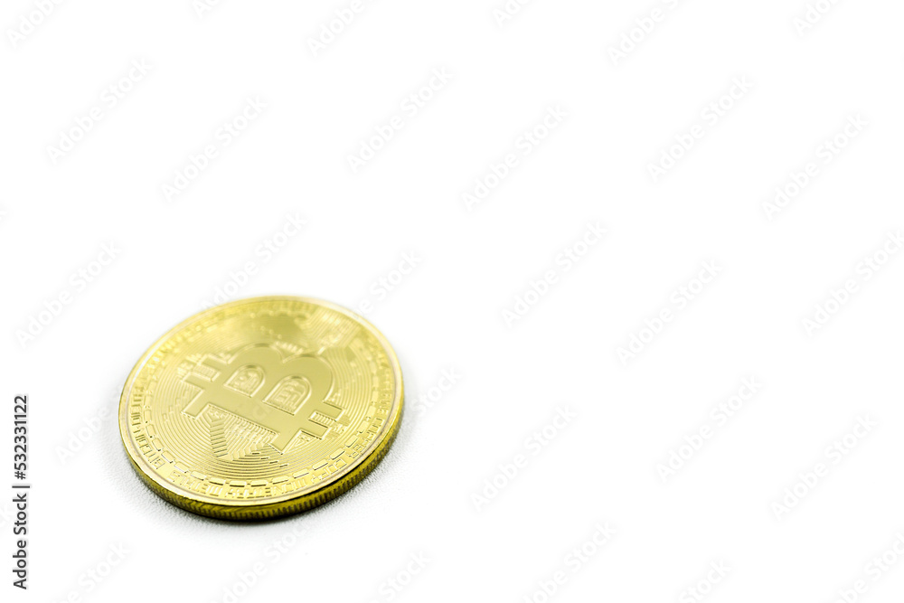 gold coins with bitcoin symbol in lower left corner isolated on white background gold coins with bitcoin symbol in lower left corner isolated on white background