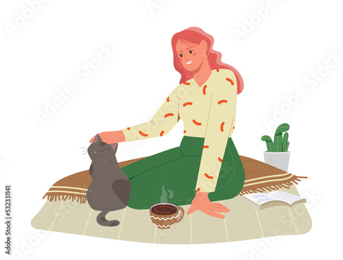 Woman with tea and cat. Young girl strokes her pet and sits with mug of hot drink. Rest in cold weather, autumn or winter season. Good time spending, positive. Cartoon flat vector illustration