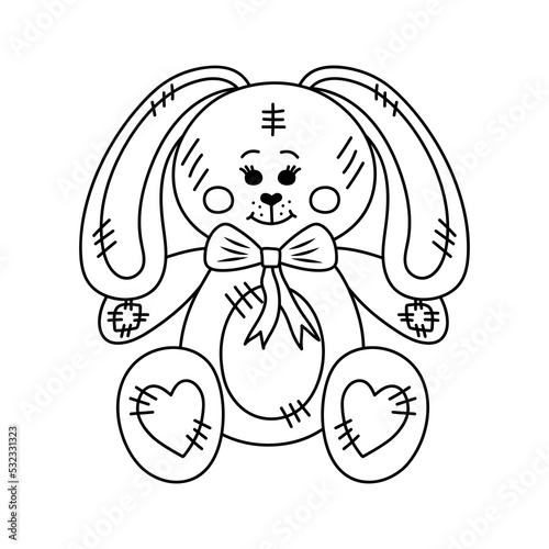 Cute teddy bunny in doodle style. Plush toy rabbit. Hand drawn line art vector illustration for coloring book.