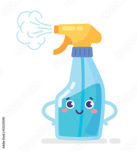 Hygiene spray character. Means for cleaning and cleaning premises, skin care. Liquid soap or other chemical to fight dirt. Domestic, routine and household chores. Cartoon flat vector illustration