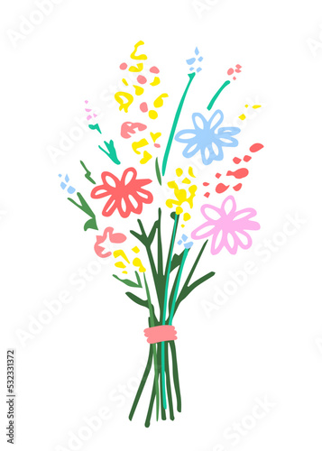 Cute wild flowers bouquet isolated on white background. Color vector illustration. Birthday, greeting card.