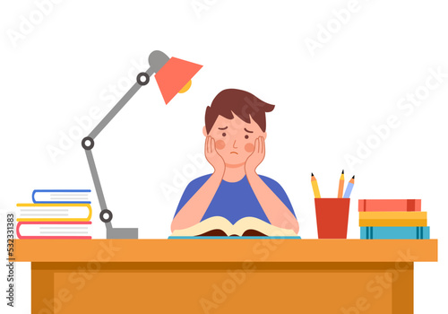 Boy student reading boring or lazy doing homework in flat design on white background. Boring face with books.