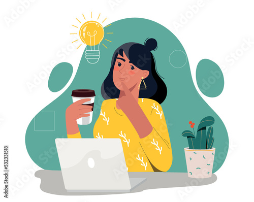 Woman with idea. Young girl sitting at laptop with mug with coffee or tea. Creative person launches start-up, introduces innovation. Illumination and brainstorm. Cartoon flat vector illustration