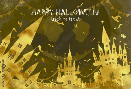ハロウィン　お城が３棟並ぶ邪悪な月が監視する異世界のようなハロウィンワールド風景　ベクター