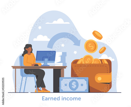 Earned income concept. Woman sits at table with computer and stack of papers and earns money. Office worker. Education and training, financial literacy, infographic. Cartoon flat vector illustration