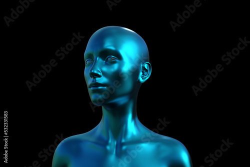3d illustration. Portrait of a blue bald woman on a black background. 