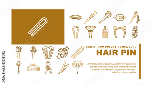 Hair Pin Decorative Accessory landing web page header vector. Golden Hair Pin With Gemstone And Decorated Butterfly, Rose Bud And Chamomile Flower. Stylish Tool For Hairstyle Color Illustrations