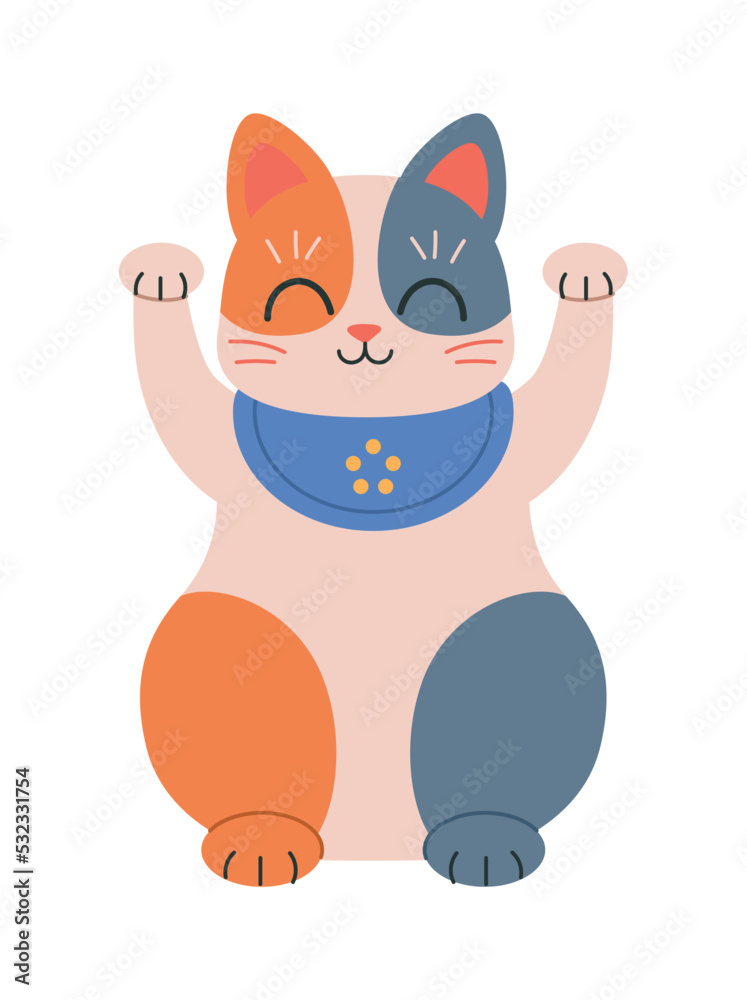 Fototapeta premium Japanese cat toy icon. Multicolored pet raises its paws up, positive and friendly kitten. Ceramic or clay toy in Asian style for kids. Culture and traditions. Cartoon flat vector illustration