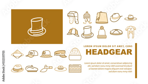 Headgear Stylish Head Clothes landing web page header vector. Children Winter Warm Hat And Panama Summer Seasonal Clothing Baseball Cap French Beret, Cylinder Dawley Limao Headgear Color Illustrations