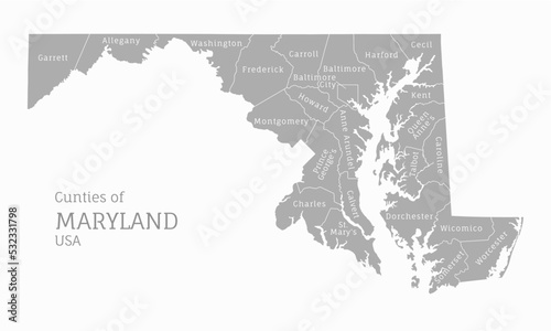 Counties of Maryland, gray map of US state. Highly detailed administrative map of Maryland with territory borders and county names labeled realistic vector illustration
