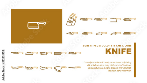 Kitchen Knife For Cutting Food landing web page header vector. Chef Kitchen Knife For Cut Meat Fillet Tomatoes, Bread Pizza, Nakiri For Vegetables . Cooker Sharp Blade Equipment Color Illustrations