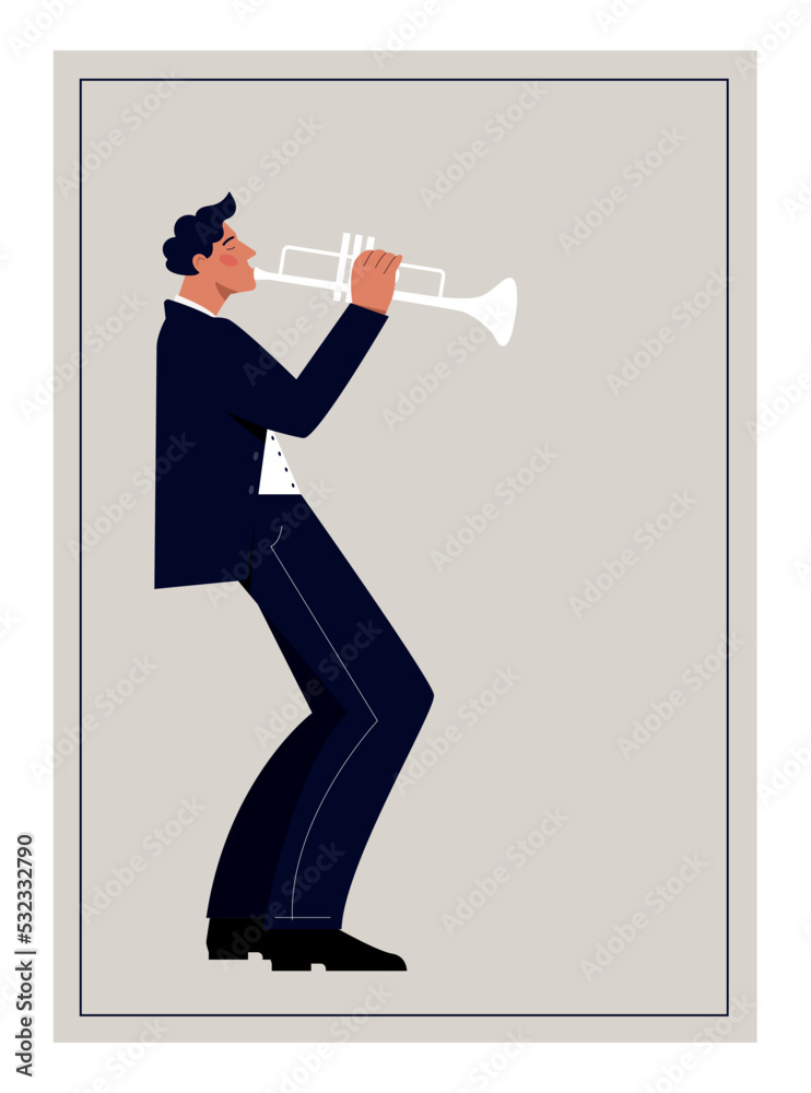 Fototapeta premium Jazz trumpeter poster. Young guy in suit plays trumpet. Musicians perform on stage, play song, music. Creative personality, creativity and art. Festive and event. Cartoon flat vector illustration