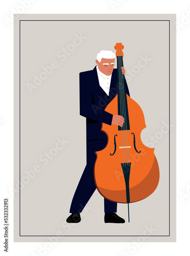 Jazz bass player poster. Man in suit with large stringed instrument. Graphic elements for website. Event and festival. Professional musician, creativity and art. Cartoon flat vector illustration