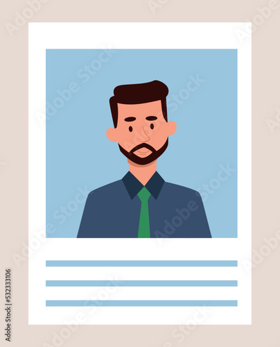 Male job candidate. Text and photo of guy. Dossier, resume and CV. Mockup, template and layout for website. Staff expansion, recruitment, newcomer, talented employee. Cartoon flat vector illustration