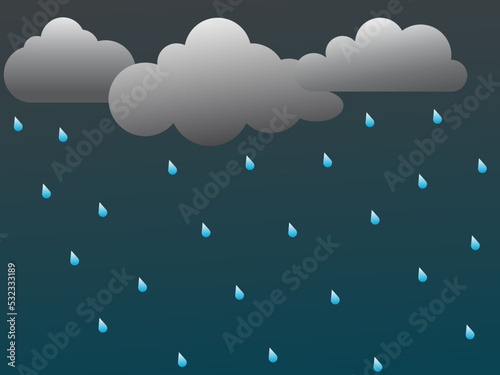 vector illustration of heavy rain cloudy weather with cartoon animation style, rainy scenery background
