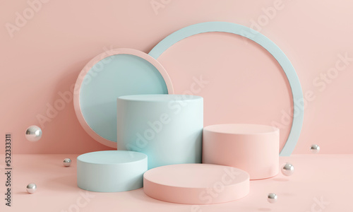 Platforms pink blue pastel. Minimal scene with four podiums. Abstract geometric circle background. for trade show Cute, baby accessories, fashion, cosmetics or beauty products. 3D rendering