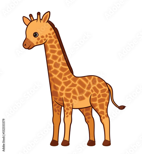 Jungle giraffe character. Tall animal with large neck and spotted coloring. Graphic element for printing on fabric. Wild life, nature, mammal and African fauna. Cartoon flat vector illustration