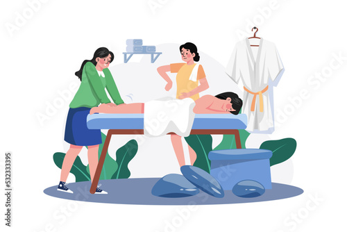 Woman receiving foot massage service from a masseuse.