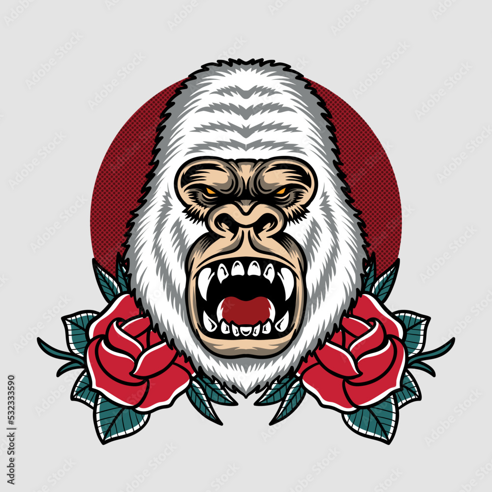 Fototapeta premium the white gorilla head angry expression with a roses illustration