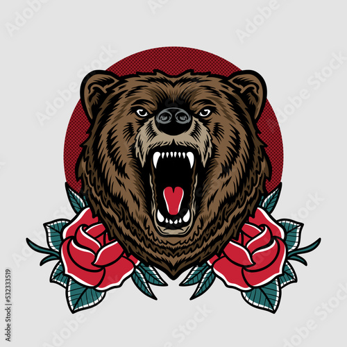 the grizzly bear head angry expression with a roses illustration
