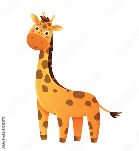 Jungle giraffe icon. Character with large neck, tropical animal in zoo. Wild life and fauna. Spotted toy or mascot for children. Sticker for social networks. Cartoon flat vector illustration