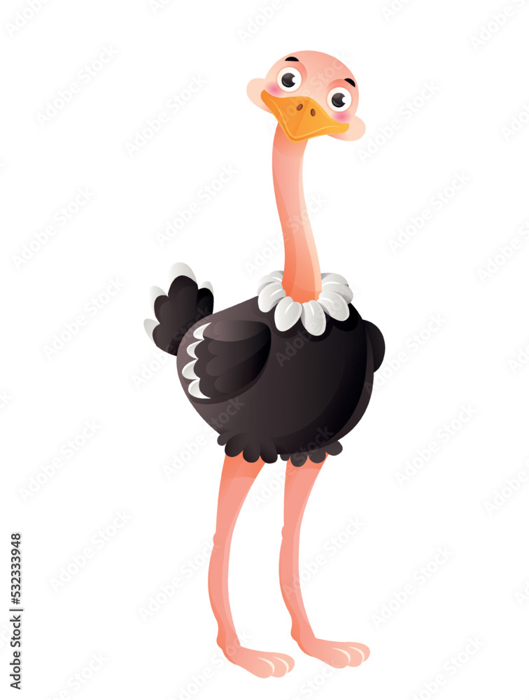 Fototapeta premium Jungle ostrich icon. Black bird on big pink legs. Tropical animals, Savannah and wild life. Social media sticker, label for kids abgs and notebooks. Toy or mascot. Cartoon flat vector illustration