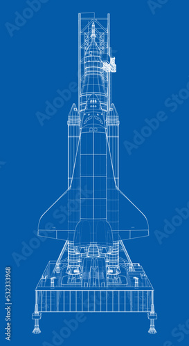 Space Rocket on launch pad. Vector rendering of 3d