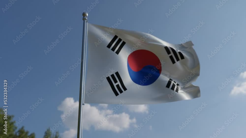 flag of south korea being flown on the flagpole on the force of the wind, flag of south korea green background