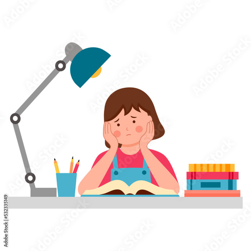 Girl student reading boring or lazy doing homework in flat design on white background. Boring face with books.