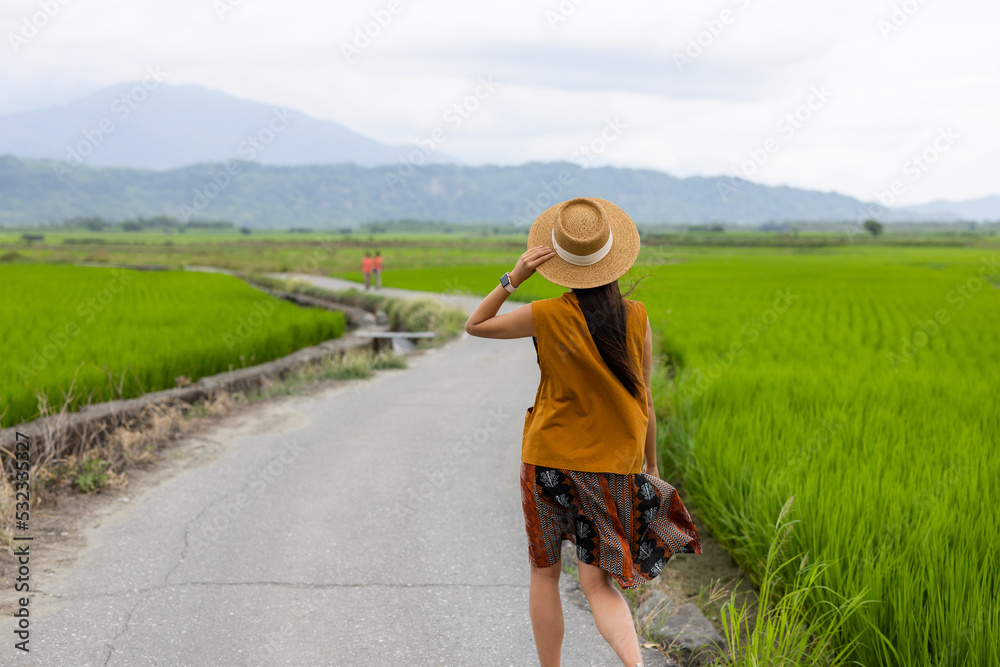 Travel woman visit the rice paddy field