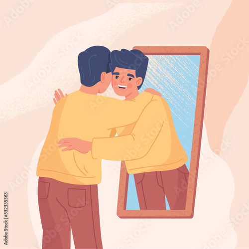 Man hugging his reflection. Psychology, positive character smiles. Happiness, self acceptance and optimism. Poster or banner for website. Young guy and mirror. Cartoon flat vector illustration