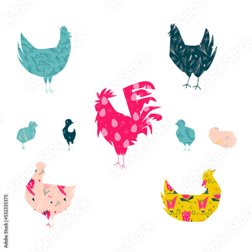 Set of easter chickens silhouettes with various folk easter ornaments.