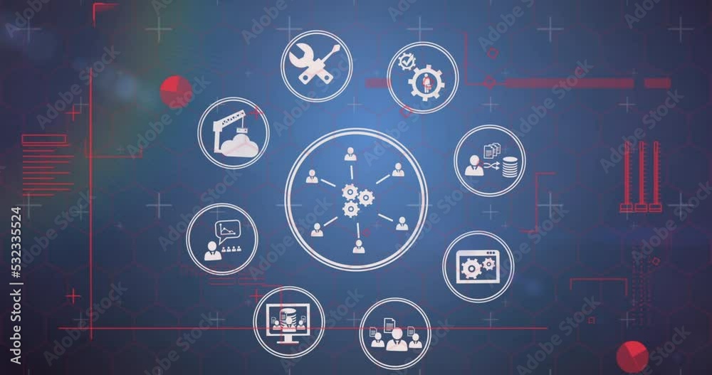 Animation of data processing over media icons Animation of data processing over media icons
