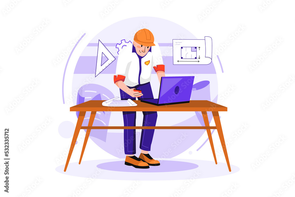 Man contractor working on laptop Illustration concept on white background Man contractor working on laptop Illustration concept on white background