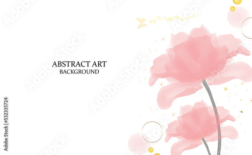 Abstract art background vector. Luxury minimal style wallpaper with golden line art flower and botanical leaves, Organic shapes, Watercolor. Vector background for banner, poster, Web and packaging.