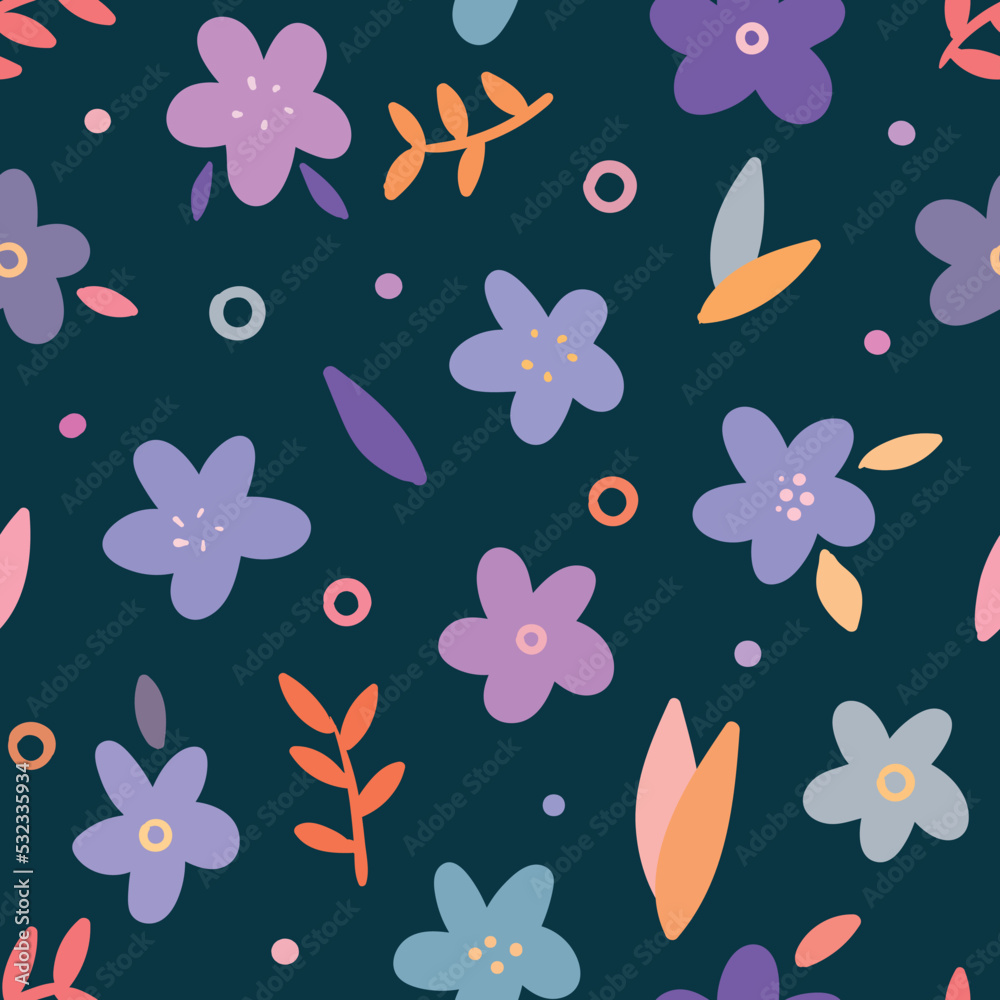 Seamless Pattern with Hand Drawn Flower Art Design on Dark Blue Background Seamless Pattern with Hand Drawn Flower Art Design on Dark Blue Background