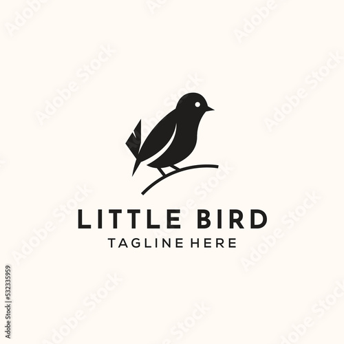 Little bird vintage logo vector minimalist illustration design, bird with twig symbol design